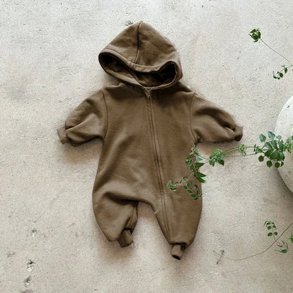 2024 Baby Kapuze Reiß verschluss Bodysuit Neugeborene Jungen und Mädchen Bergsteiger Anzug einfarbig Bodysuit Long Fit Sport Kletter anzug.
