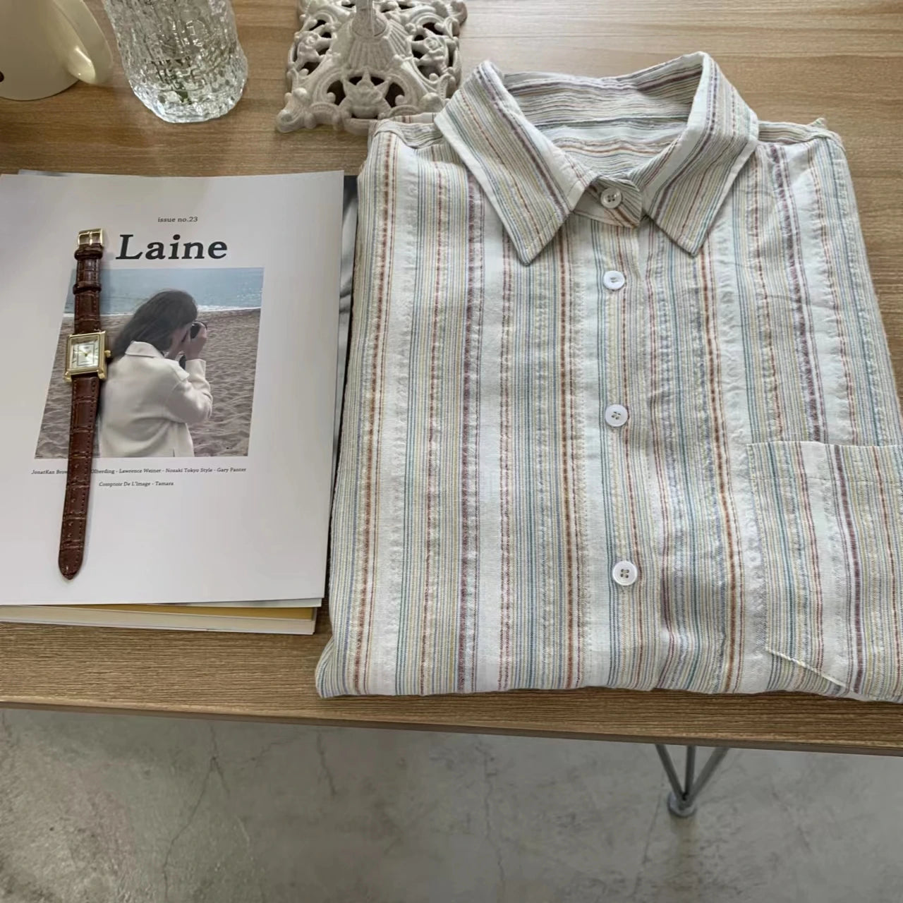 Vintage Office Lady Striped Shirt Spring Pocket Turn Down Collar Tops Korean Style Loose Long Sleeve Blouse Casual Women Clothes.