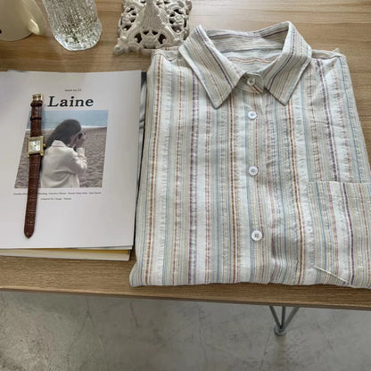 Vintage Office Lady Striped Shirt Spring Pocket Turn Down Collar Tops Korean Style Loose Long Sleeve Blouse Casual Women Clothes.