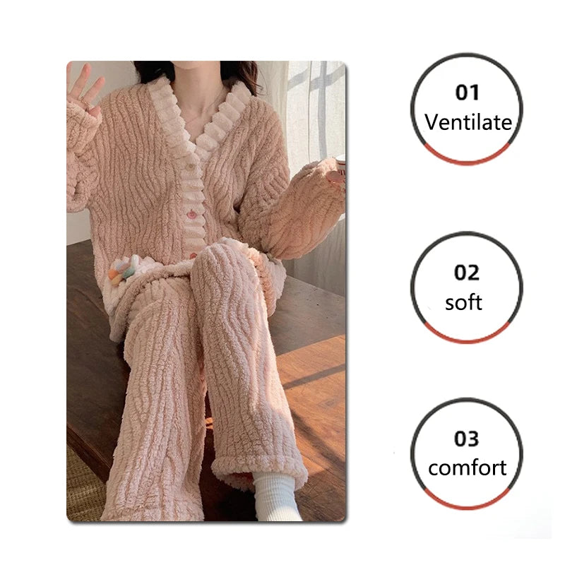 Verdickte Warme Flanell Frauen Nachtwäsche Loungewear Strickjacke Anzug Winter Süße Kawaii Weiche Fee Wind Damen Pyjamas Homewear.