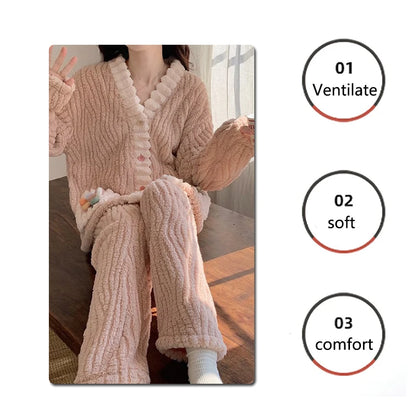 Verdickte Warme Flanell Frauen Nachtwäsche Loungewear Strickjacke Anzug Winter Süße Kawaii Weiche Fee Wind Damen Pyjamas Homewear.