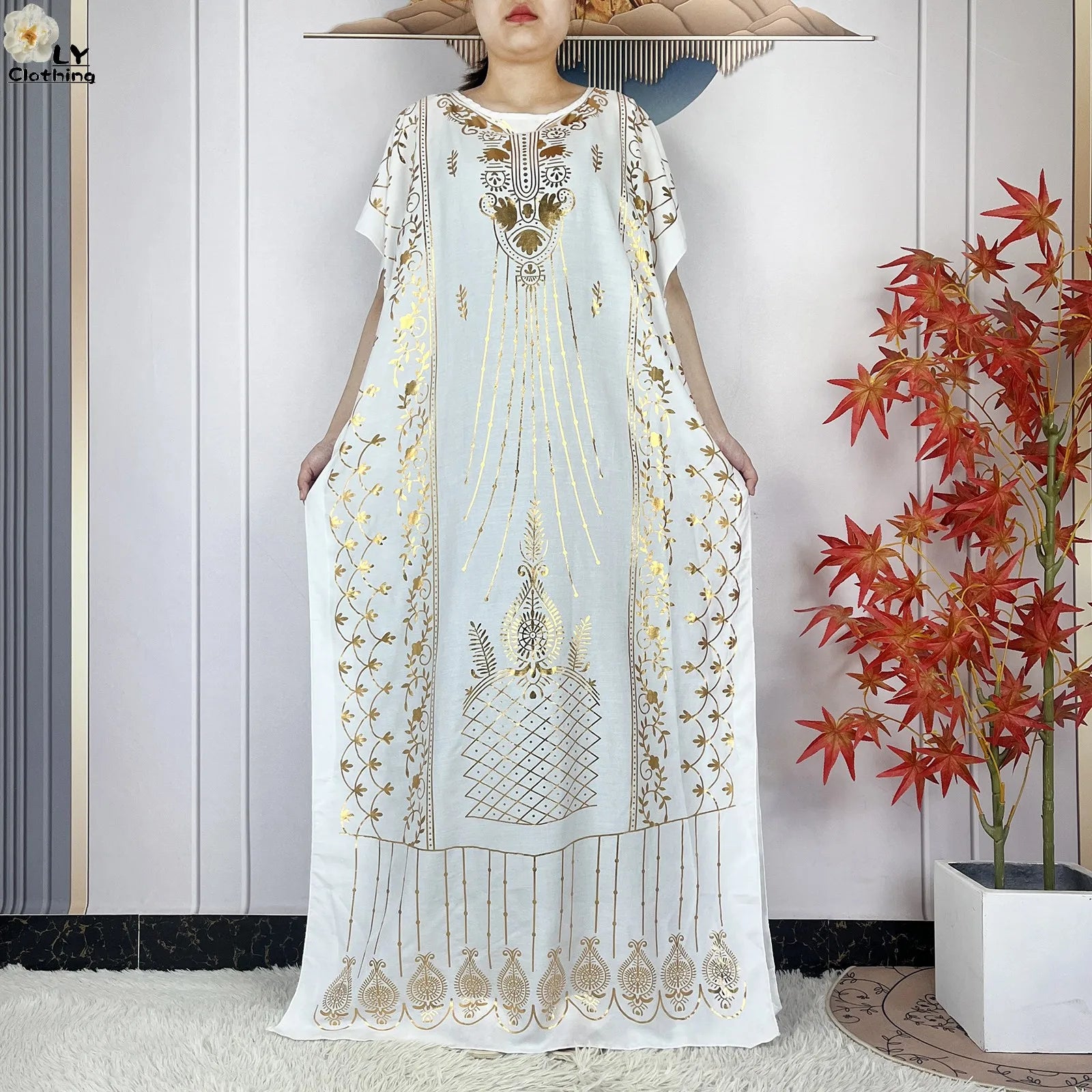 2023 New Muslim Summer Short Sleeve Robe Gold Stamping Boubou Maxi Women Femme Loose Dress With Big Scarf African Abaya Clothes.