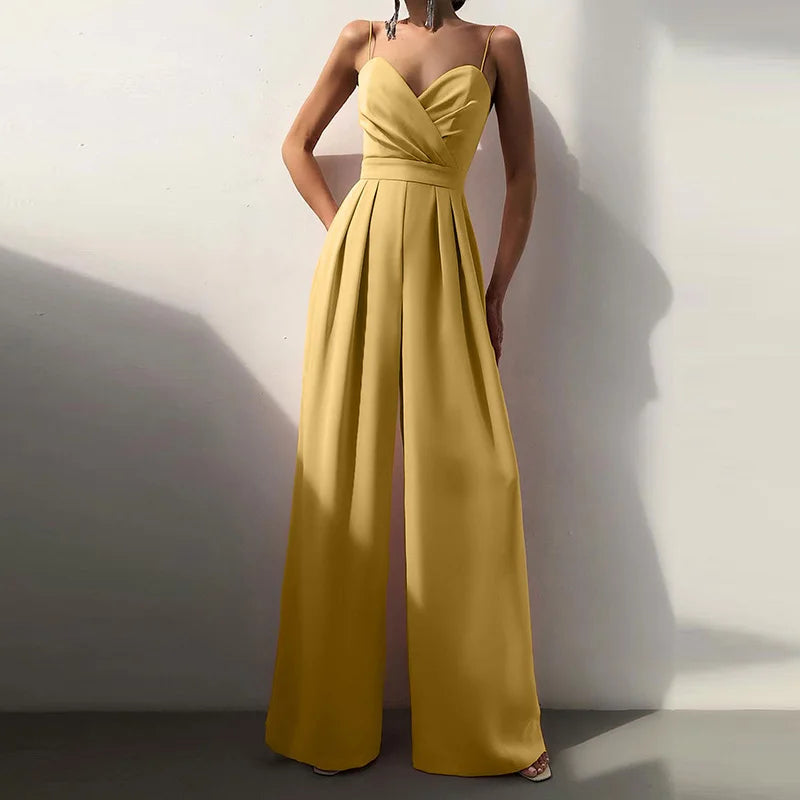 New Spaghetti Strap Slim High Waist Jumpsuits Fashion Ladies Solid Color Office Wide Leg Rompers Elegant Pleated Simple Playsuit.