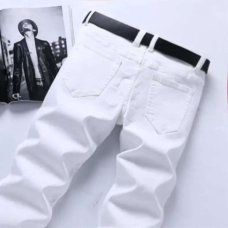 Pure White Jeans Men's Elastic Korean Style Slim Fit Youth Slimming Straight Leg Business Casual Middle Age High End Pants.