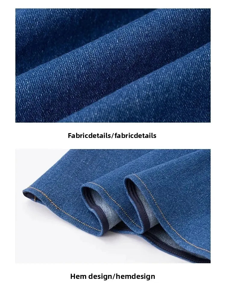 Blue Mist Love Französisches Jeanskleid für Damen, Sommer, einzigartiges Design, Taille, Cinching-Riemen, langes Kleid, elegante blaue Polyesterfaser.