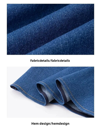 Blue Mist Love Französisches Jeanskleid für Damen, Sommer, einzigartiges Design, Taille, Cinching-Riemen, langes Kleid, elegante blaue Polyesterfaser.