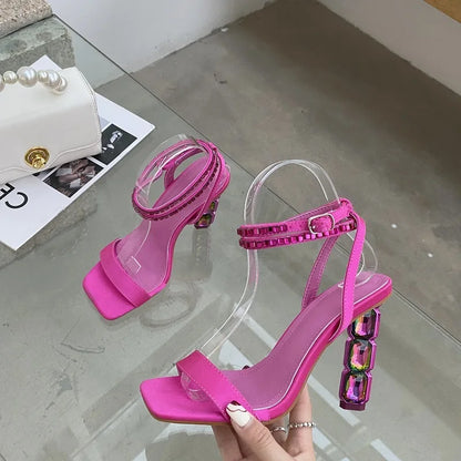 Eilyken Summer Crystal Embellished High Heel Sandals Women Diamond Open Toe Ankle Strap Silk Satin Rhinestone Banquet Shoes.