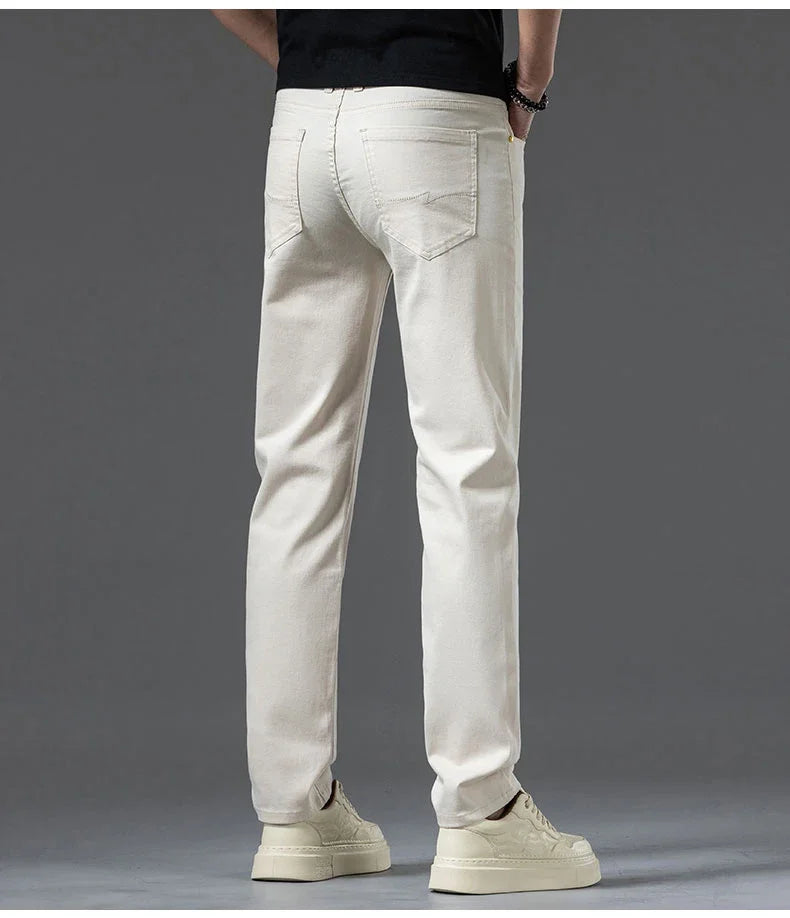 2024 New Summer Thin Men's Straight Denim Cotton Stretch Creamy-white Jeans Classic Business Pants Fashion Trousers Male Brand.