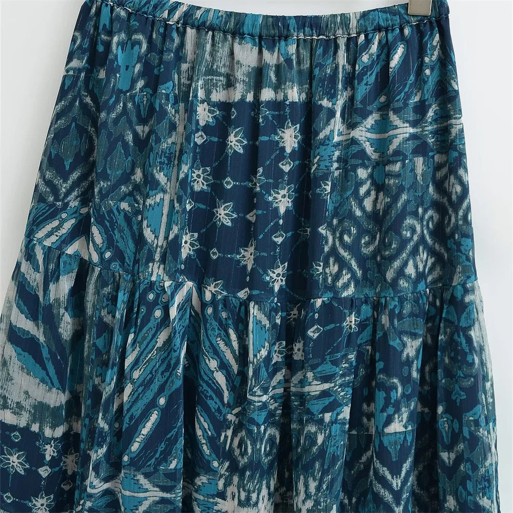 2024ZAR * Spring/Summer New Women's French Metallic Line Printed Cover Up High Waist Elastic Lace up Long Dress.