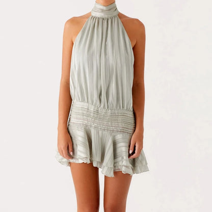 Frauen Sexy Halter Rüschen Mini Kleid Lace Up Backless Strand Party Kleider 2025, Sommer Mode Urlaub Dame Cocktail Vestidos.