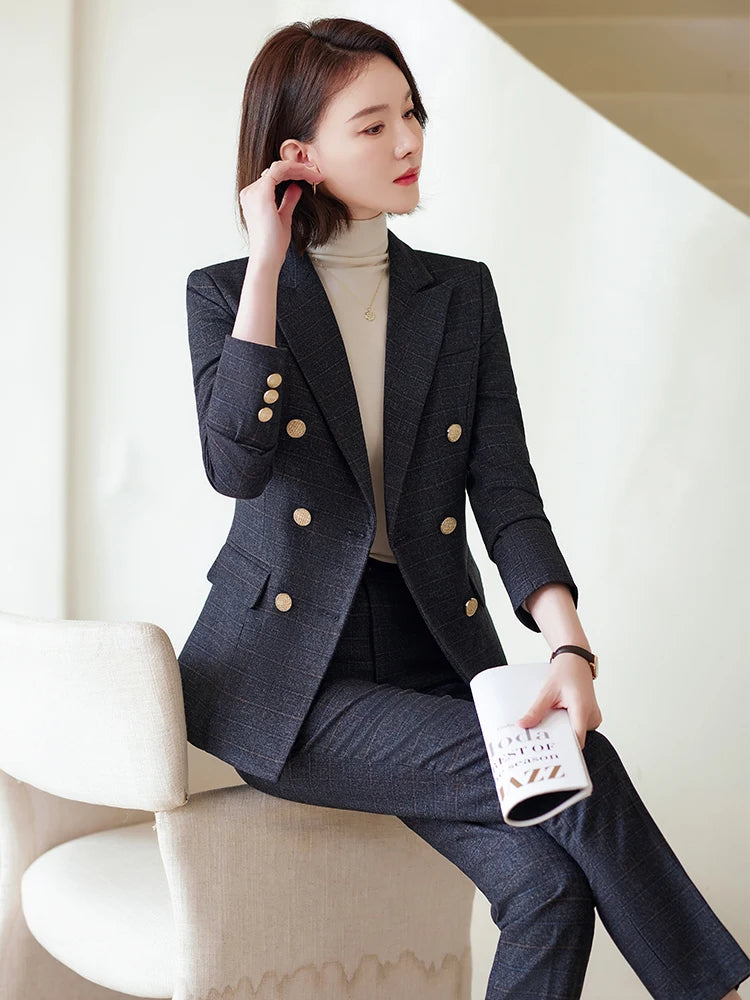Autumn Winter Red Coffee Blue Black Ladies Pant Suit Women Female Business Work Wear Plaid Jacket and Trouser Blazer 2 Piece Set.