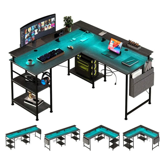 COSYHOMES - L-förmiger Computertisch, 2-stufiger, mit EU-Steckdose & RGB-Beleuchtung, 140x140x85cm