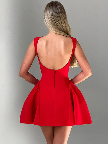 DGLUKE Elegantes rotes Minikleid für Damen, U-Boot-Ausschnitt, ärmellos, hohe Taille, A-Linien-Kleid, rückenfrei, plissiert, kurze Abschlussball-Party-Kleider