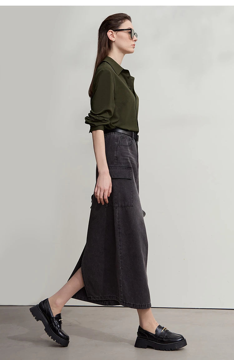 AMII Office Lady Shirt 2025 Autumn New Minimalism thick Long Sleeves Blouse Elastic Cotton Lapel Women's Clothing 12553079