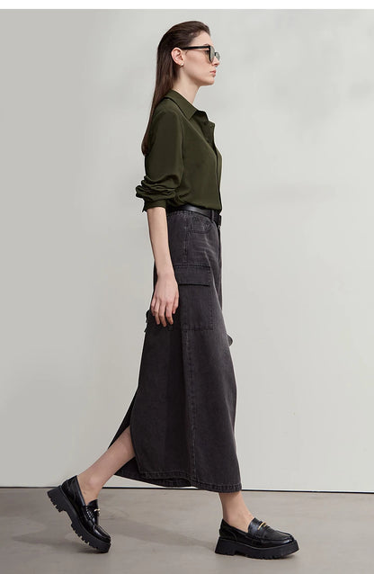 AMII Office Lady Shirt 2025 Autumn New Minimalism thick Long Sleeves Blouse Elastic Cotton Lapel Women's Clothing 12553079