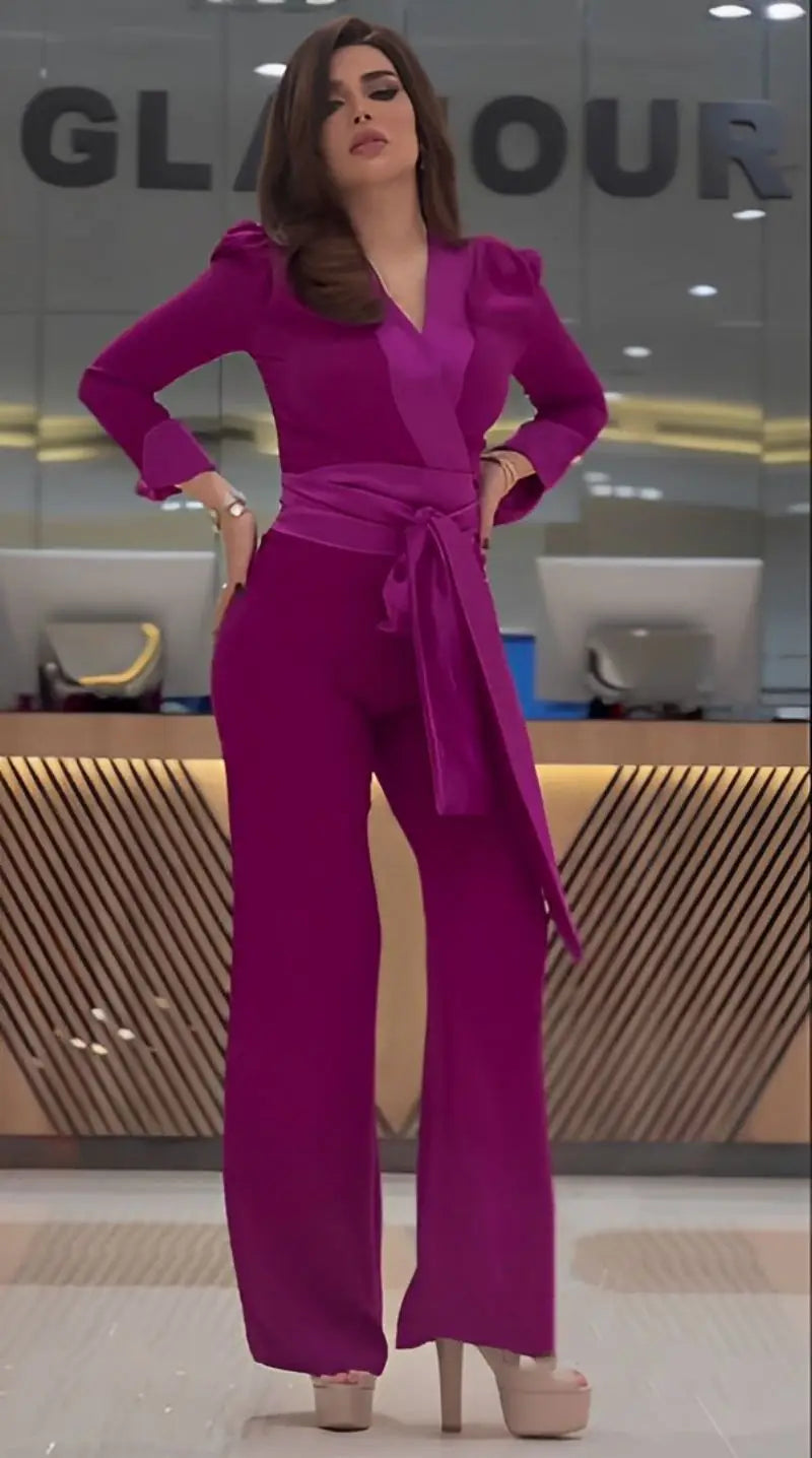 Women Sexy Jumpsuits Party Long Sleeve V-neck Prom New Lace-up Rose-red Spring Summer Lady Elegant High Waist Casual Trousers.