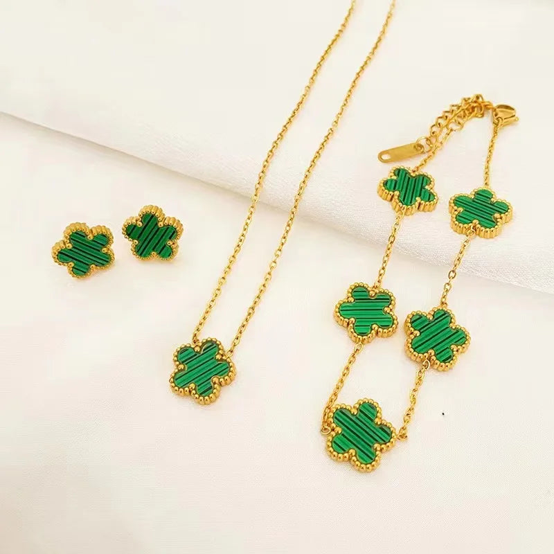 3Pcs Luxury Black Red Green White Plum Blossom Plant Five Leaf Flower Necklace Earrings Bracelet Jewelry Sets For Women.
