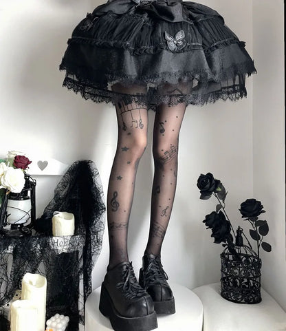 Women Personalized Stocking Gothic Music Notes Print Tights Thin High Elasticity Black Skin Leggings Spicy Girls Y2K Hosiery