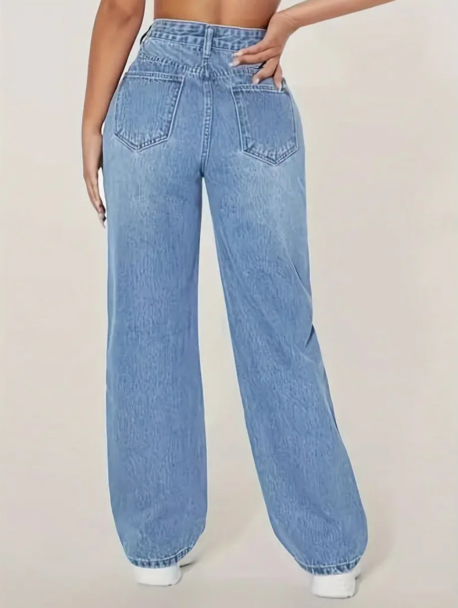 Mom Jeans Women Denim Pant Wide Leg Long Pants Hole High Waist Straight Trousers Y2k Streetwear Work Splice Casual 2025 Punk.