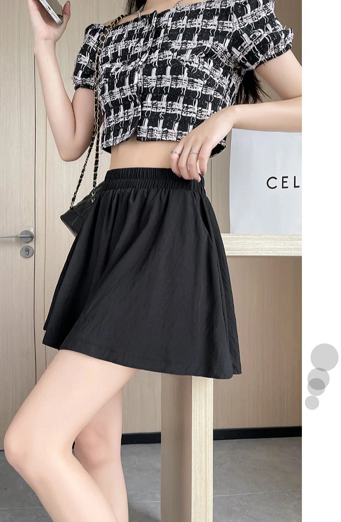 Women Quick Dry Sporty Short Pants Summer Thin Pleated Shorts Skirts High Waist A- Line Five Quarter Pants Cool Wide Leg Pants