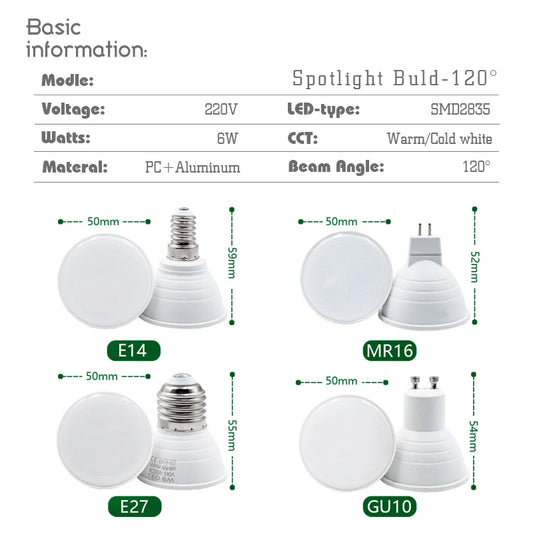 1-10PCS LED Strahler Birne E27 E14 MR16 GU10 AC220V 6W 24/120 Grad Strahl Winkel hohe Lumen Indoor LED Energiesparende Lichter Birne.