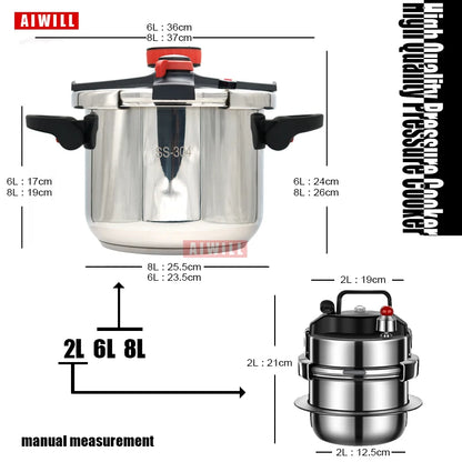 AIWILL 2L/6L/8L 3Gear Pressure Cooker 304 Stainless Steel Multifunctional Pressure-Limited Explosion-proof Quickly Cooking.