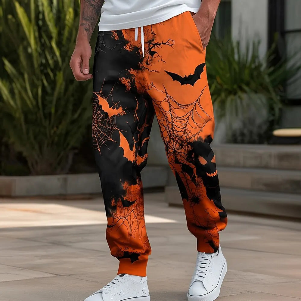 Pumpkin Bat Halloween Costumes Pants Men's Side Pockets Elastic Drawstring Sweatpants Joggers Pants Casual Trousers Fall Winter.