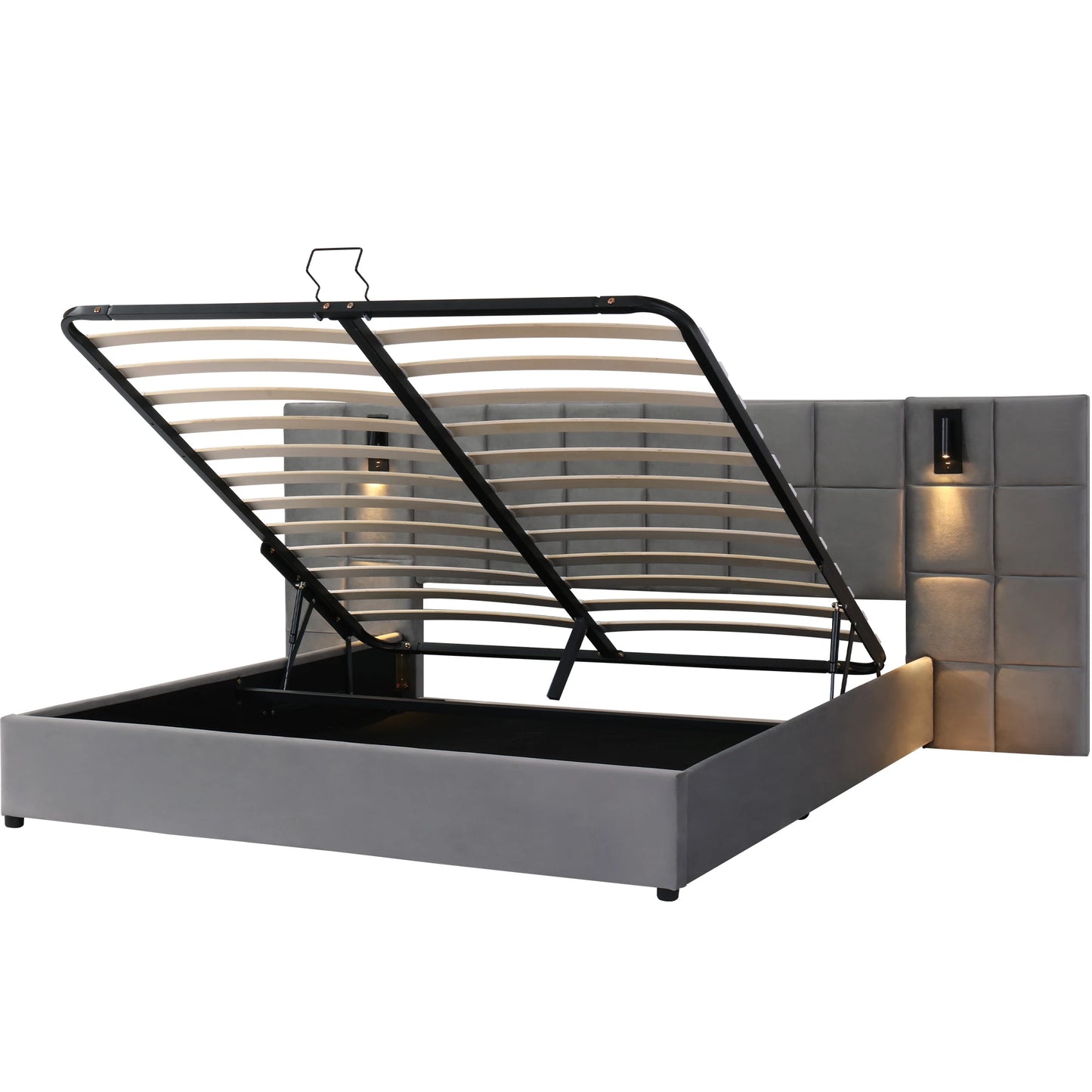 Polsterbett, hydraulisches Bett mit Stauraum, verstellbarem Licht und USB-Aufladung, breites Schaumstoffkopfteil, 180 x 200 cm, Grau