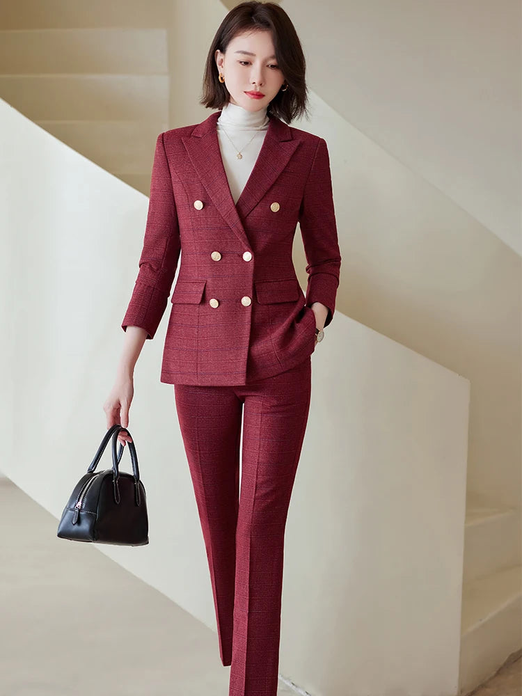 Autumn Winter Red Coffee Blue Black Ladies Pant Suit Women Female Business Work Wear Plaid Jacket and Trouser Blazer 2 Piece Set.