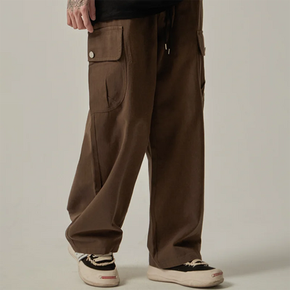 Men's Sweatpants 2025 Spring Autumn Vintage Japanese Wide Leg Straight Loose Button Big Pockets Cargo Pants Drawstring Trousers.
