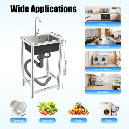 Freistehendes Einzelwaschbecken, Edelstahlspüle mit Wasserhahn, 45 * 40 * 22 cm kommerzielles Küchenspülbecken