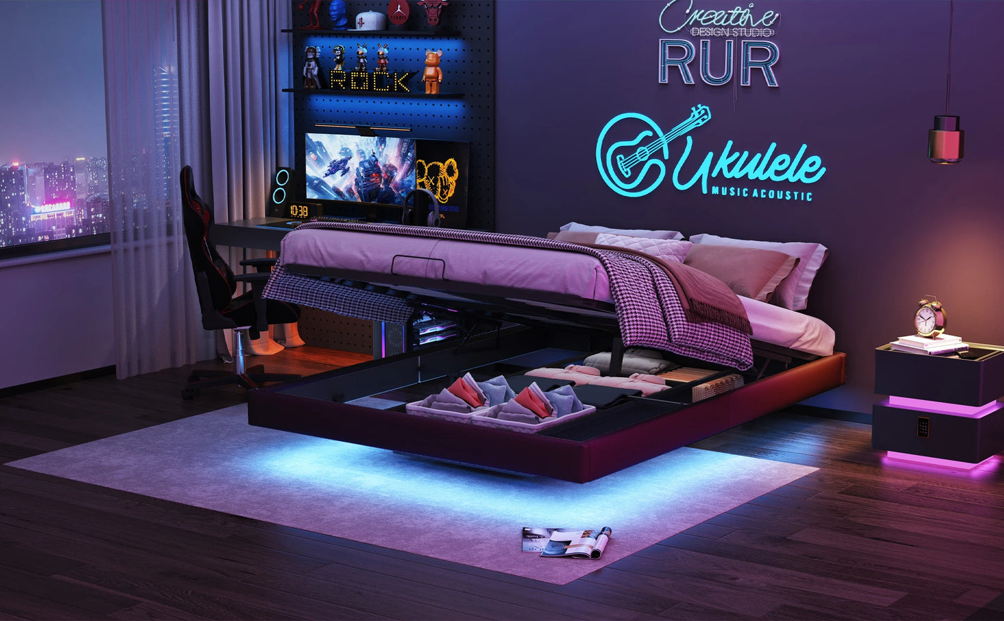 Anajqaqia Hängebettrahmen, 160 x 200 cm, schwarz, mit LED-Lichtleiste und Aufbewahrung der Gasdruckstange