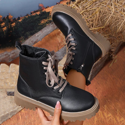 Autumn Winter Short Plush Ankle Boots Women Fashion Lace Up Pu Leather Platform Boots Woman Thick Sole Motorcycle Botas Mujer 42.