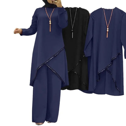 Women Eid Musulman Ensemble Muslim Sets Solid Blouses Wide Leg Pants Ramadan Morocco Two Pieces Dubai Kaftan Loose Modest.