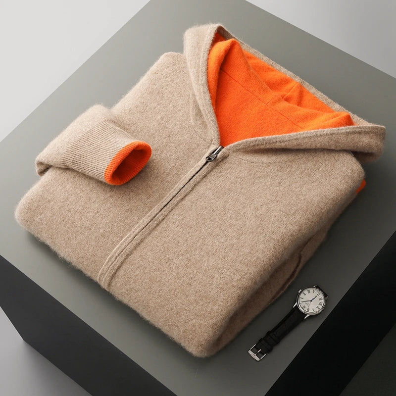 Autumn Winter Pure Cashmere Sweater Double-sided Cardigan Men's Casual Zipper Thickened Cashmere Knitted Hooded Sweater Coat