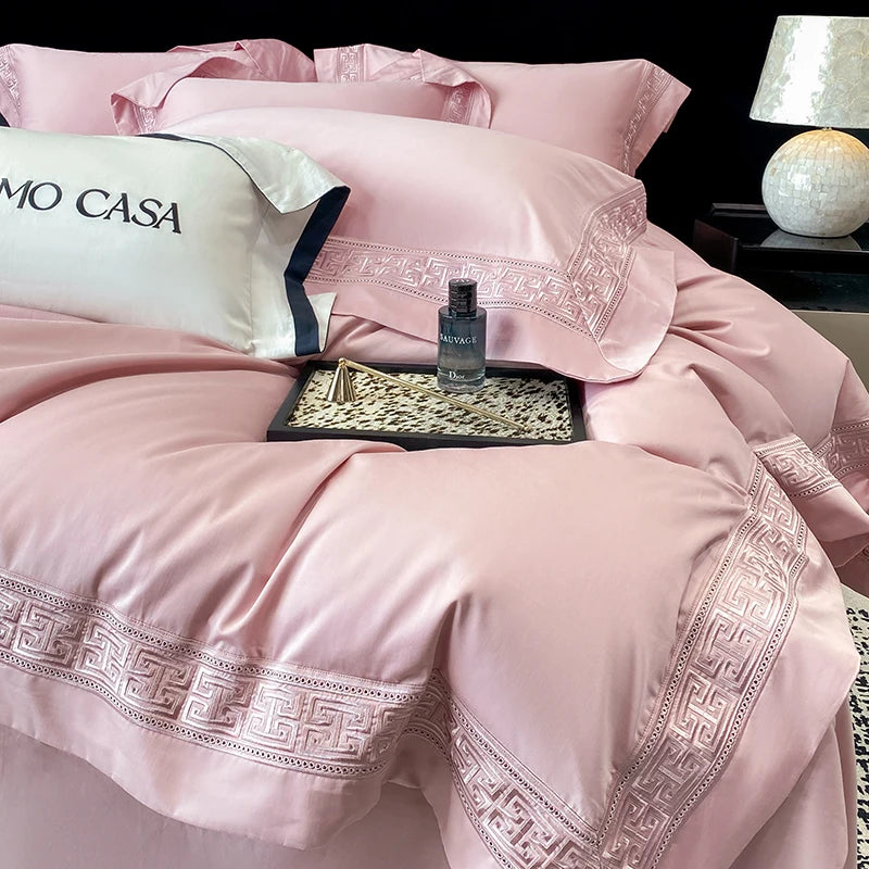 100% Egyptian Cotton White Luxury Embroidery Hotel Style Bedding Set Duvet Cover Set Flat/Fitted Bed Sheet Pillowcases 4Pcs.