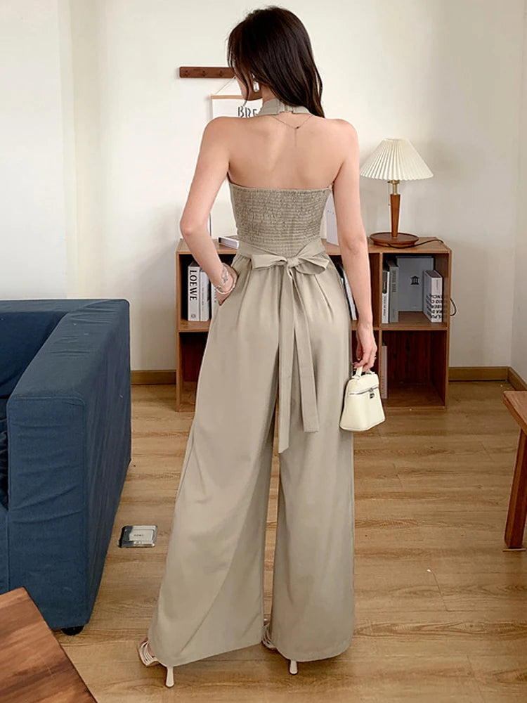 Korean Fashion Sleeveless Slim Jumpsuit For Women Office OL Elegant Sexy Backless High Waist Wide Leg Rompers 2025 New Summer.