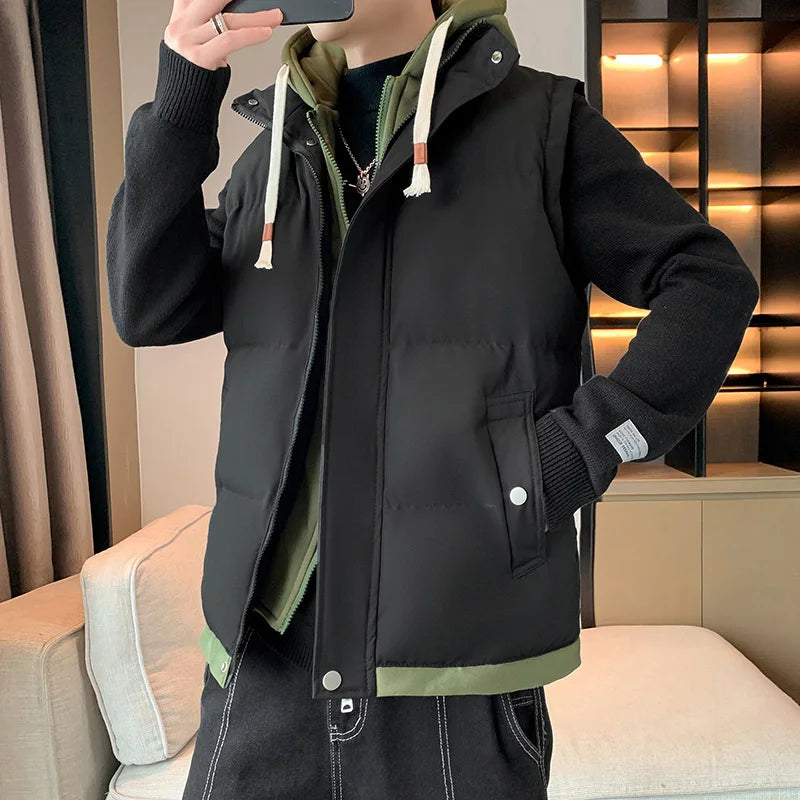 Men Windproof Hooded Vest Men Jacket Sleeveless Vest Winter Jacket Casual Coat Men Down Cotton Warm Thicken Waistcoat Thick Coat.