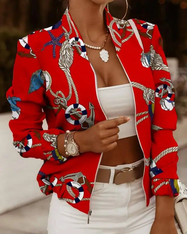 Mode Frauen Jacken Dünne Kurze Mäntel Herbst Vintage Print Lange Sleeve Zipper Dünne Jacke 2024 Casual Oberbekleidung Weibliche Jacke