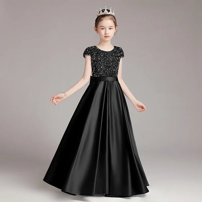 Mädchen-Klavierkleid, graues Pailletten-langes Performance-Kleid, Prinzessinnenkleid, Kinder-Host-Show-Performance-Kleid, Sommer.