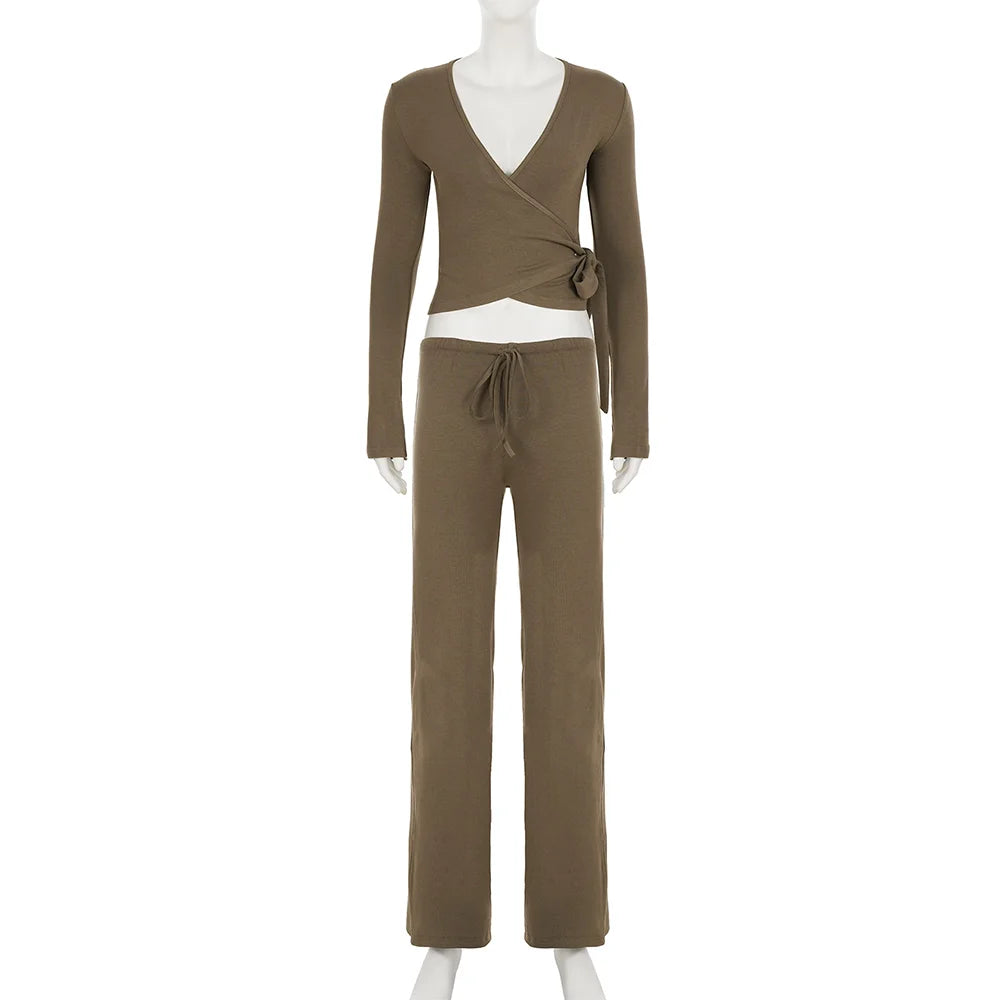 Apprabant Casual Fashion Drawstring High Waist Trousers Set Lace Up Flared Sleeve V Neck Twist Tops Plush Loose Pants Suit