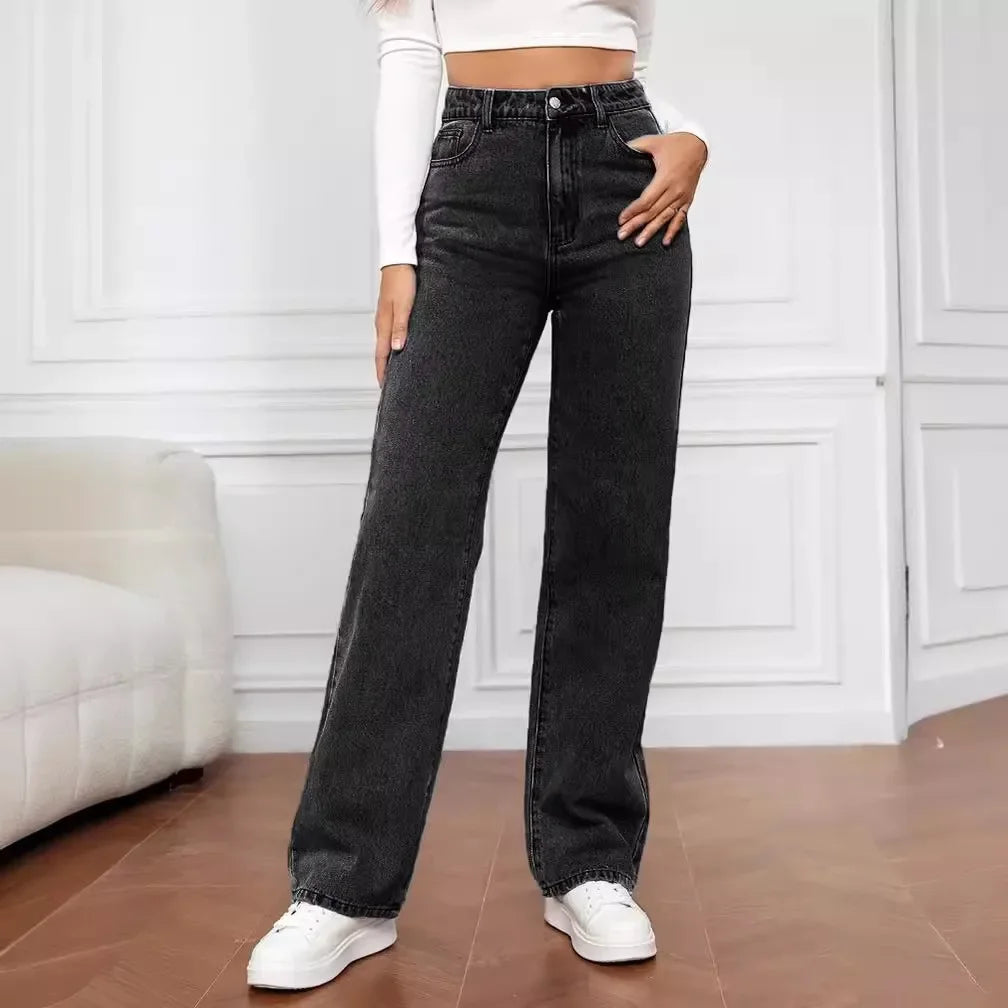 Casual Fashionable Elastic Washed Denim Straight Leg Jeans Women's Loose Straight Leg Trousers High Waist Chinese Production.