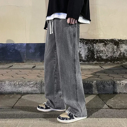 2024 New Streetwear Loose Jeans Men Korean Style Fashion Loose Straight Wide Leg Pants Men's Brand Clothing Black Light Blue.