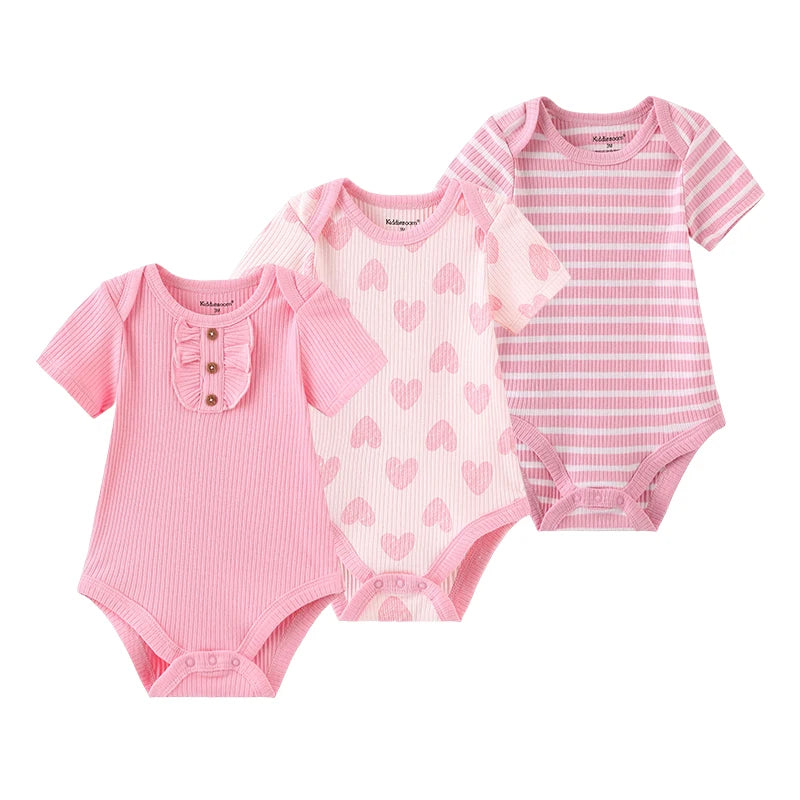 Kiddiezoom 3-teiliges modisches Sommer-Kurzarm-Cartoon-Baby-Body aus Baumwolle für Neugeborene, Jungen und Mädchen.