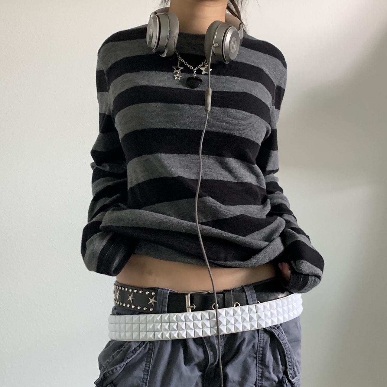 Women Fairy Grunge Knit Basic Shirt Autumn Y2K Grey Black Striped Long Sleeve Round Neck Tops Emo Tee.