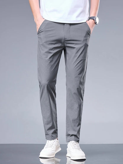 Summer New Business Ice Silk Pants Straight Elastic Waist Black Gray Trousers Breathable Simple Male Clothing Casual Suit Pants.