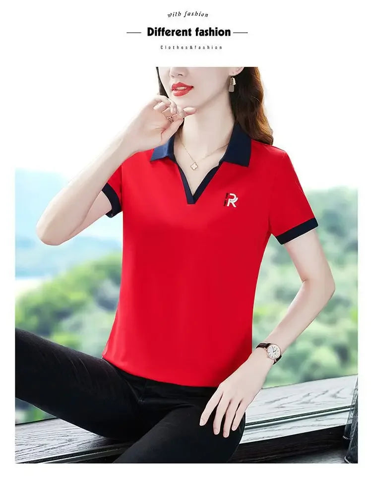 Women's Slim Fit Polo Shirt Short Sleeve T-Shirt Casual Sporty Loose Fashionable Summer Top Turn-down Collar Comfortable.