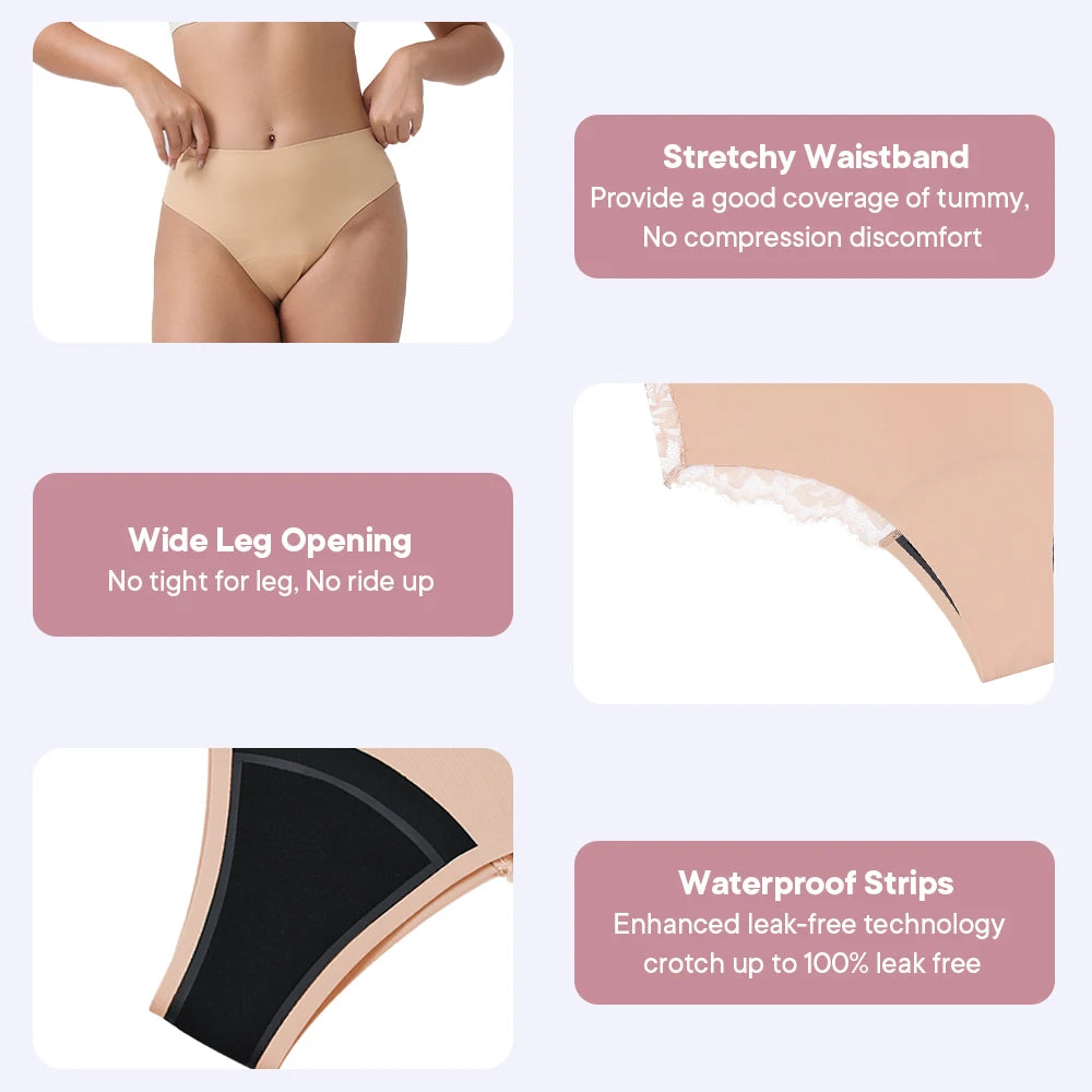 Women Period Panties 4-Layer Leakproof Lace Cheeky Brief High Absorbency Reusable Breathable Menstrual Panties.