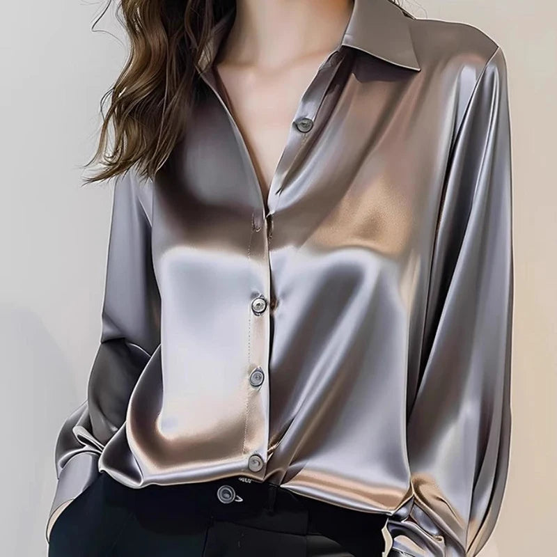 Spring Summer Casual Women's Satin Shirt Lapel Long Sleeve Blouse Loose Solid Color Office Lady Fashion Shirts Top.