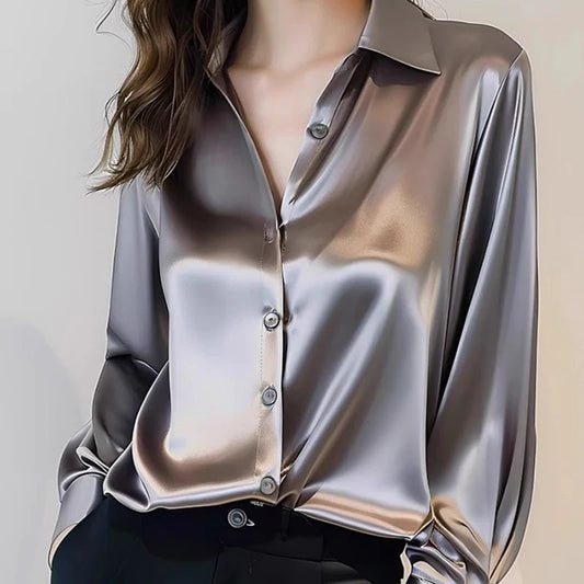 Spring Summer Casual Women's Satin Shirt Lapel Long Sleeve Blouse Loose Solid Color Office Lady Fashion Shirts Top.